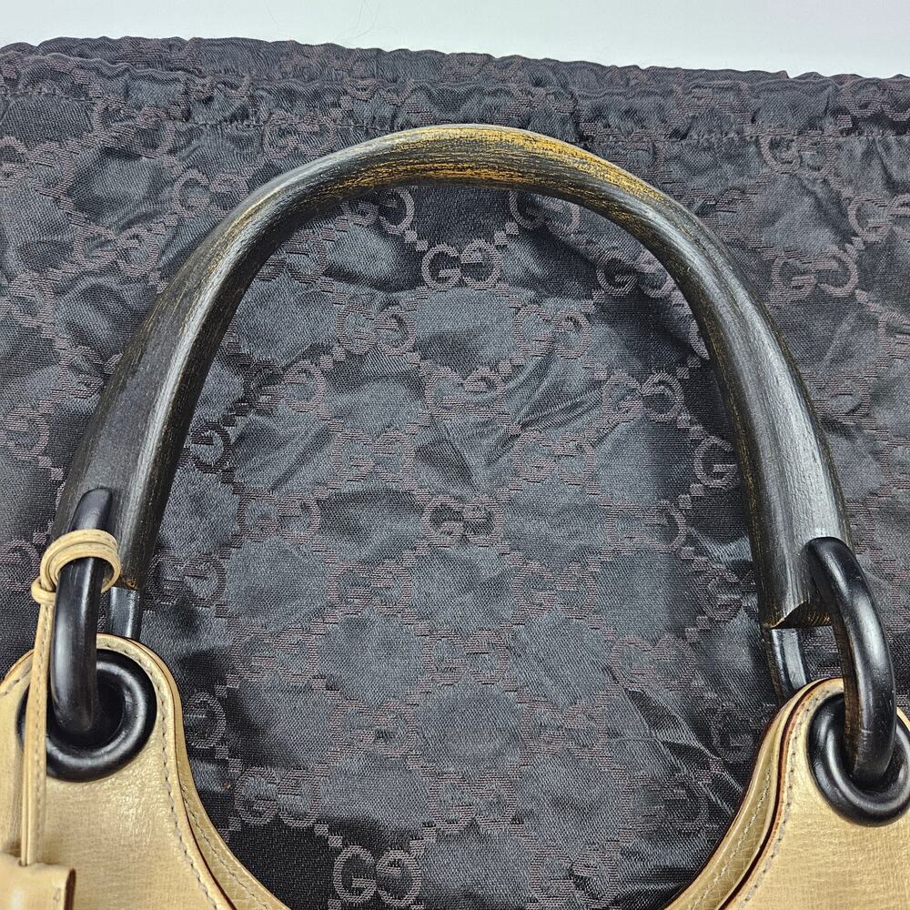 Y2k Gucci Bag Whipstitch Wood Handle Purse Beige Leather - Picture 7 of 12